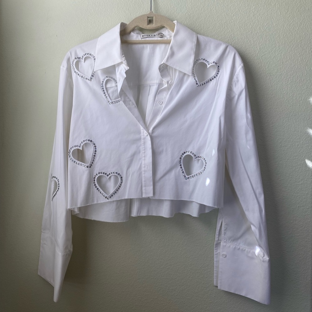 Alice + Olivia White Heart Embellished Blouse